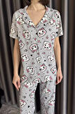 Kadın Ön Düğmeli Hayvan Figürlü Kısa Kol Pijama Takımı
