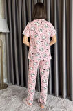 Kadın Ön Düğmeli Hayvan Figürlü Kısa Kol Pijama Takımı