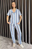 Kadın Çizgi Desenli Ön Düğmeli Kısa Kol Pijama Takımı