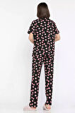 Kadın Kısa Kol Ön Düğmeli Fiyonk Desenli Pijama Takımı