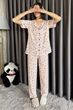Kadın Kısa Kol Ön Düğmeli Desenli Pijama Takımı