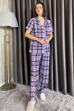 Kadın Ön Düğmeli Kısa Kol Ekose Desenli Pijama Takımı