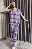 Kadın Ön Düğmeli Kısa Kol Ekose Desenli Pijama Takımı