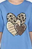 Ön Leopar Desen Kalp Baskılı Bisiklet Yaka Kadın Tişört