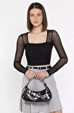 Kadın Kare Yaka Sırt Ve Kol Transparan Crop Top Bluz
