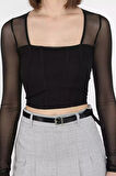 Kadın Kare Yaka Sırt Ve Kol Transparan Crop Top Bluz