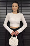 Bel Lastikli Ve Bağlamalı Kadın Kabartma Desen Crop Top Bluz
