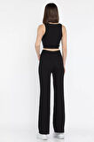Kadın Sıfır Kol Crop Top Bluz Pantolon İkili Takım