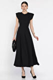 Kadın Omuz Vatkalı Bel Bağcıklı Sıfır Kol Elbise