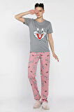 Kadın Bisiklet Yaka Kısa Kol Baskılı Pijama Takımı