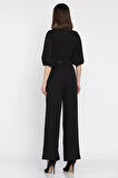 Kadın V Yaka Balon Kol Bluz Palazzo Pantolon İkili Takım