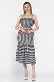 Kadın Ayarlanabilir Askılı Fırfırlı Hasır Kemerli Çizgi Desenli Elbise