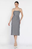Kadın Ayarlanabilir Askılı Çizgi Desenli Yırtmaç Detaylı Elbise