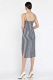 Kadın Ayarlanabilir Askılı Çizgi Desenli Yırtmaç Detaylı Elbise