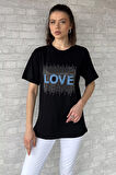 Love Taşlı Bisiklet Yaka Kadın Tişört
