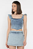 Kadın Omuz Fırfırlı Sırt Fermuarlı Jean Kot Crop Top Bluz