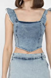 Kadın Omuz Fırfırlı Sırt Fermuarlı Jean Kot Crop Top Bluz