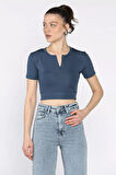 Kadın Ön Fermuarlı Modal Kumaş Crop Top Bluz