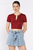 Kadın Ön Fermuarlı Modal Kumaş Crop Top Bluz