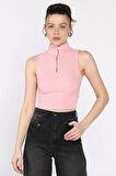 Kadın Yarım Fermuarlı Fitilli Crop Top Bluz