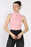 Kadın Yarım Fermuarlı Fitilli Crop Top Bluz