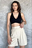 Kadın Bel Lastikli Pileli Yüksek Bel Cırtlı Şort