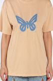 Bisiklet Yaka Taşlı Kelebek Motifli Kadın Tişört