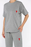 Kadın Kalp Nakışlı Bisiklet Yaka Tişört Pantolon İkili Takım