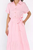 Yarım Düğmeli Kuşaklı Kısa Kol Elbise