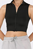 Kadın Ön Fermuarlı Likralı Crop Top Bluz