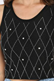 Taşlı Sıfır Kol Crop Top Bluz