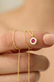 925 Ayar Gümüş Lal Taşlı ( Garnet ) Elmas Montür Minimalist Kolye