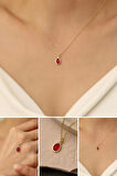 925 Ayar Gümüş Kırmızı Taşlı Oval Kolye