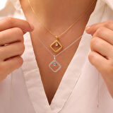 925 Ayar Gümüş Zirkon Taşlı Çerçeveli Nazar Kolye (Gümüş)