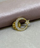 925 Ayar Gümüş Zirkon Taşlı Ay-yıldız Yaka İğnesi (Altın renk)