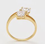 GiftWorld Zirkon Taşlı Çift Kalp Yüzük / 14K Gold Renk Vip Seri