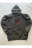 Gang Baskılı Siyah Erkek Kapüşonlu 3 iplik Şardonlu Ribanalı Sweatshirt Hoodie