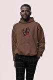 Gang Baskılı Kahverengi Erkek Kapüşonlu 3 iplik Şardonlu Ribanalı Sweatshirt Hoodie