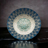 Glaze Mud Mavi ve Gümüş Detaylı Cam Dekoratif Tabak - 30 cm