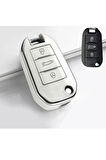 Peugeot 301 308 208 508 2008 3008 Citroen C3 C4 Opel Combo Nano Sustalı Anahtar Kılıfı Beyaz Gümüş