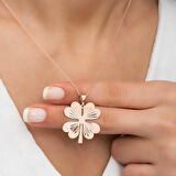 Gümüş Rose Dört Yaprak Rose Yonca Kadın Kolye