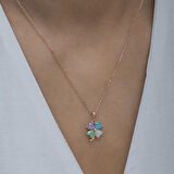 Gümüş Rose Renkli Taşlı Kalp Yonca Kadın Kolye