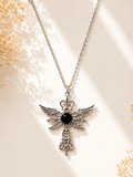 Gotik Kanatlı Haç Kolye – Siyah Taş Detaylı Unisex Vintage Kolye 60 cm
