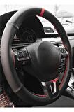 Vw Passat Uyumlu Carbon Dikmeli Deri Direksiyon Kılıfı Noktalı Karbon Kırmızı Ipli