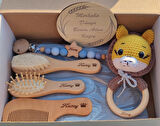 İsme Özel %100 Keçi Kılı Fırça,Bambu Masaj Tarağı,Şimşir Tarak,Emzik Zinciri,Amigurumi,Müslin Battaniye Bebek Seti