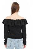 Maison La Femme Kadın Siyah Fırfır Detaylı Düşük Omuzlu Bluz