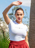 Maison La Femme Kadın Beyaz Dar Kalıp Slim Fit Baskılı Kısa Kollu T-shirt