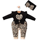 Leopar Desenli Kız Bebek Bandanalı Tulum Takımı