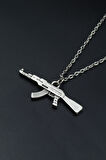 Pubg Keleş Ak-47 Kalaşnikof  Gümüş Kaplama Unisex Düz Zincir Kolye kod 927