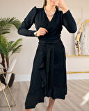 HanZone Krep Kumaş Midi Boy Kuşaklı Uzunkol Elbise 113 Cm